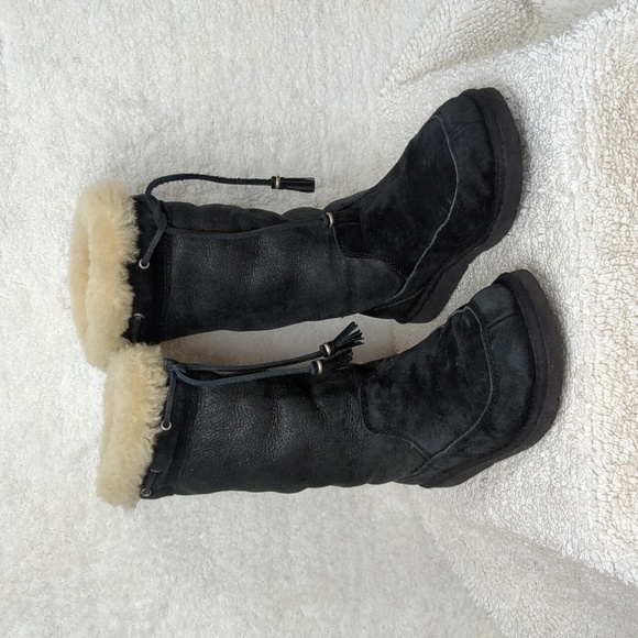 Ugg Shearling Classic Boot Tassels Womens 6 Black Suede Shoes glitter 8 - Picture 2 of 16